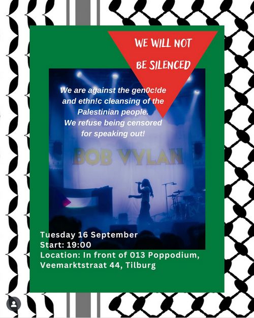 Bob Vylan op podium, het is beetje rokerig, staan lampen.

In rode driehoek staat "WE WILL NOT BE SILENCED"

Onder staat
Tuesday 16 September
Start: 19:00
Location: In front of 013 Poppodium,
Veemarktstraat 44, Tilburg