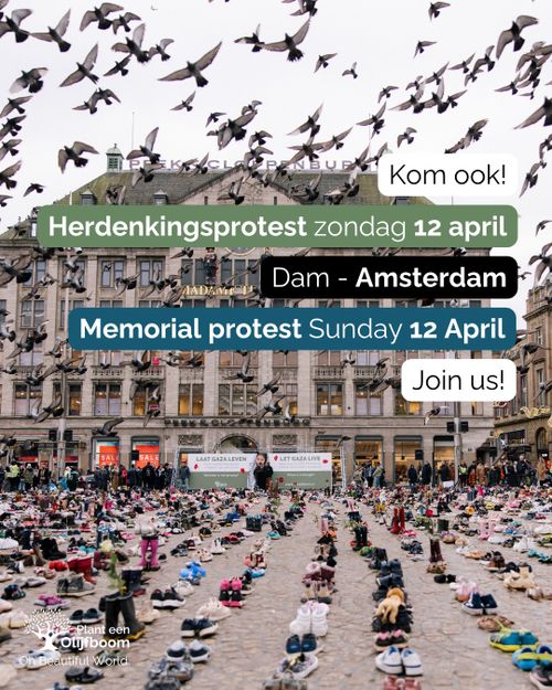 Kom ook!
Herdenkingsprotest zondag 12 april
Dam - Amsterdam

Memorial protest Sunday 12 April
Join us!

Plant een
Olijfboom
Oh Beautiful World