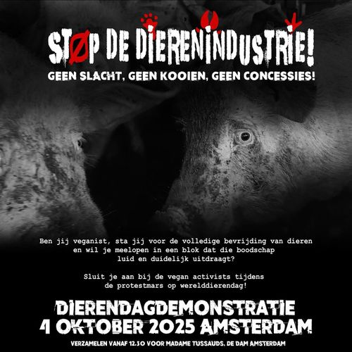 STOP DE DIERENINDUSTRIE!
GEEN SLACHT, GEEN KOOIEN, GEEN CONCESSIES!

Ben jij veganist, sta jij voor de volledige bevrijding van dieren en wil je meelopen in een blok dat die boodschap luid en duidelijk uitdraagt?

Sluit je aan bij de vegan activists tijdens de protestmars op werelddierendag!

DIERENDAGDEMONSTRATIE
4 OKTOBER 2025 AMSTERDAM
VERZAMELEN VANAF 12.30 VOOR MADAME TUSSAUDS, DE DAM AMSTERDAM