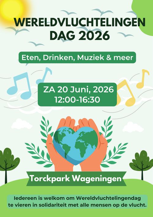 Poster met twee handen die een hart-wereld vasthouden. Muziek, bomen en vogels creëren een mooie atmosfeer.
Tekst: Wereldvluchtelingen dag 2026
Eten, Muziek & meer
Iedereen is welkom om Wereldvluchtelingendag te vieren in solidariteit met alle mensen op de vlucht.