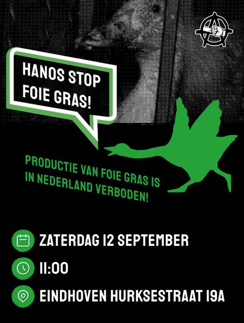 HANOS STOP FOIE GRAS!

PRODUCTIE VAN FOIE GRAS IS IN NEDERLAND VERBODEN!

ZATERDAG 12 SEPTEMBER
11:00
EINDHOVEN HURKSESTRAAT 19A