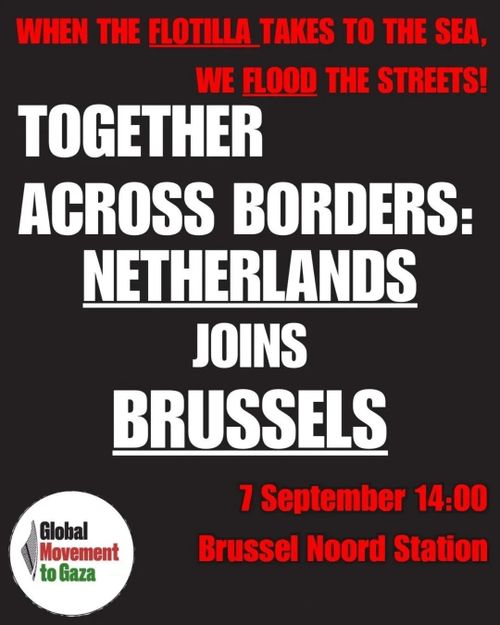 WHEN THE FLOTILLA TAKES TO THE SEA,
WE FLOOD THE STREETS!

TOGETHER
ACROSS BORDERS:
NETHERLANDS
JOINS
BRUSSELS

7 September 14:00
Brussel Noord Station

Global Movement to Gaza