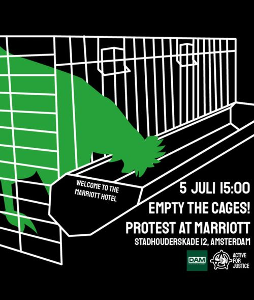 Silhouette of a chicken stuck in a small cage. On the feeding basket attached to the cage is the text "welcome to the Marriott Hotel".

5 Juli 15:00
Empty the cages!
Protest at Marriott
Stadhouderskade 12, Amsterdam

By Dutch Anti-fur Movement and Active for Justice