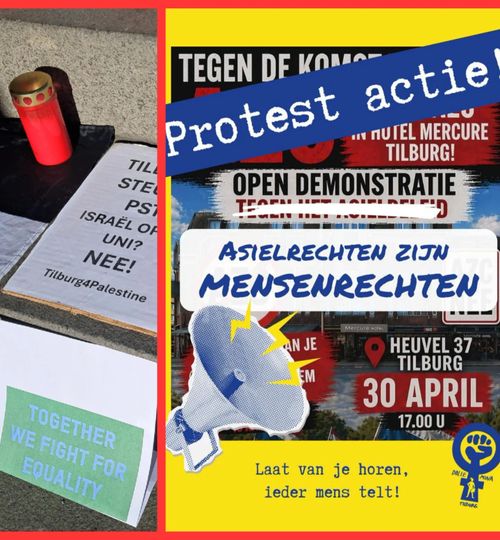 Aankondiging tegendemo over de anti-AZC-aankondiging geplakt. Tekst:

Protest actie!

Asielrechten zijn mensenrechten

HEUVEL 37 TILBURG
30 APRIL 17.00 U

Laat van je horen, ieder mens telt!