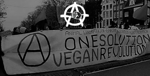 Zwart-witfoto van een demonstratie met als banner. Bovenaan staat het logo van Active For Justice.

De banner:

(anarchisme-logo) ANIMAL LIBERATION * EARTH LIBERATION * HUMAN LIBERATION

ONE SOLUTION
VEGAN REVOLUTION