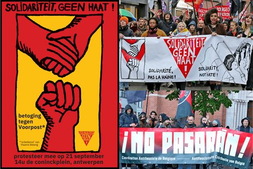 Twee flyers horizontaal aan elkaar:

Linker flyer:

SOLIDARITEIT, GEEN HAAT!

betoging tegen Voorpost*

*'ordedienst' van Vlaams Belang

SOLIDARITEIT GEEN HAAT

protesteer mee op 21 september
14u de coninckplein, antwerpen

Rechter flyer:

Twee banners; bovenste met de tekst 'SOLIDARITEIT GEEN HAAT!' in Nederlands, Frans en Engels; onderste met de tekst '¡NO PASARAN! Coordination Antifasciste de Belgique - Antifastische Coördinatie van België'.