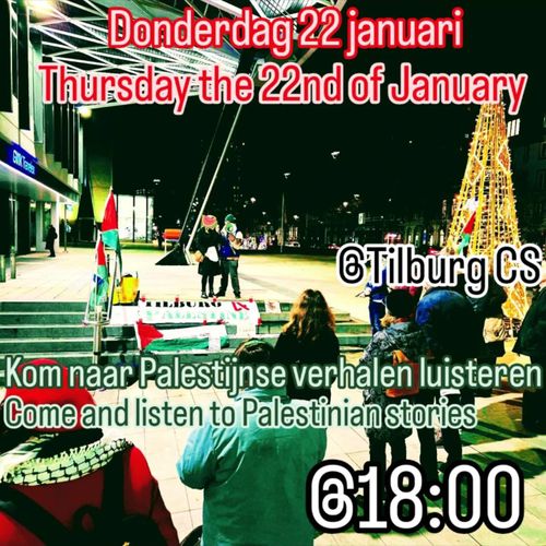 Foto van klein protest, er zijn wat vlaggen en kerstverlichting. Mensen zijn ge-anonymizeerd met meloenstukjes. Tekst met lokatie en tijd, en  "Kom naar Palestijnse verhalen luisteren".