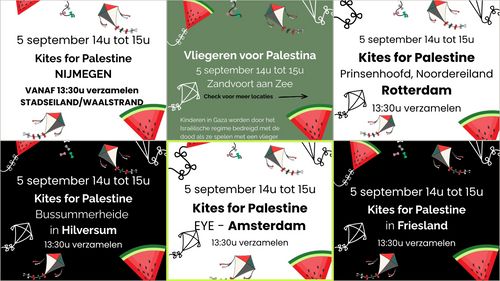 Collage met zes flyers uit heel Nederland voor Vliegeren voor Palestina (Kites for Palestine).
